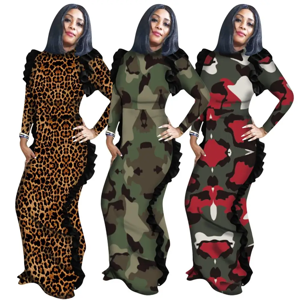 Женское платье макси с круглым вырезом длинным рукавом и оборками камуфляжный