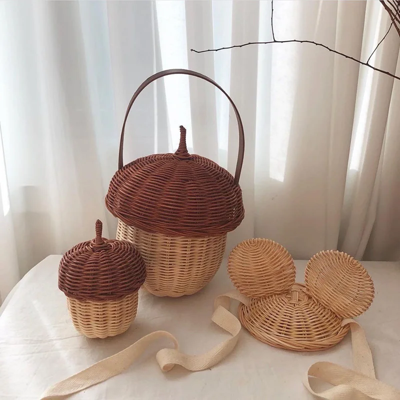 

Handmade Straw Woven Pinecone Crossbody Bag Children Portable Basket Picnic Bag Photography Props Bohemia Women Handbags Totes