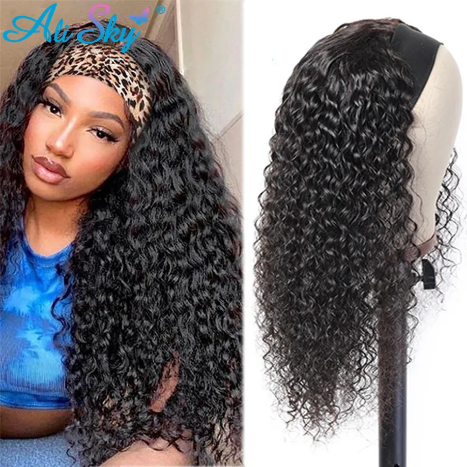 Brazilian Curly Hair Headband Wig Glueless Scarf Remy Human Hair Wigs for Black Women Full Machine Made Wig With Headband Female