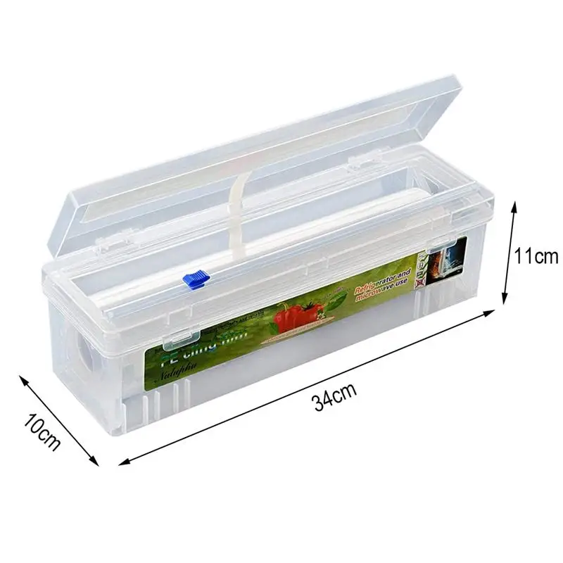 

Plastic Food Wrap Dispenser With Slide Cutter Adjustable Cling Film Cutter Preservation Foil Storage Box With Suction Bottom