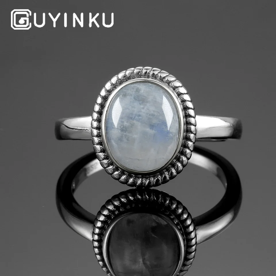 GUYINKU, винтажные кольца с натуральным радужным лунным камнем, 925 пробы, серебряное кольцо с драгоценным камнем для помолвки, юбилея для женщин, хорошее ювелирное изделие
