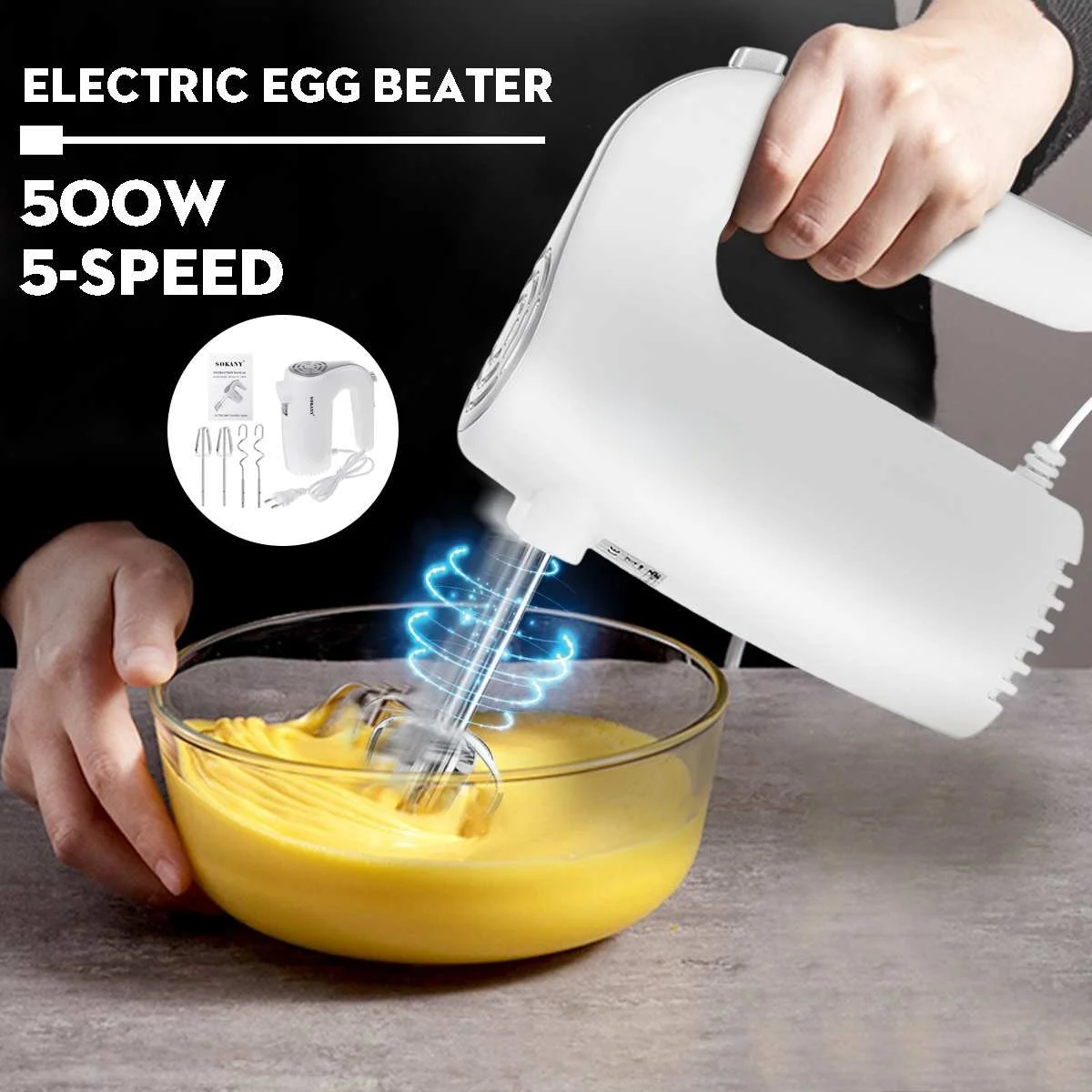 

5 Speeds Electric Food Mixer Hand Blender 500W Power Dough Blender Egg Beater Food Processor Kitchen Manual Cooking Tools