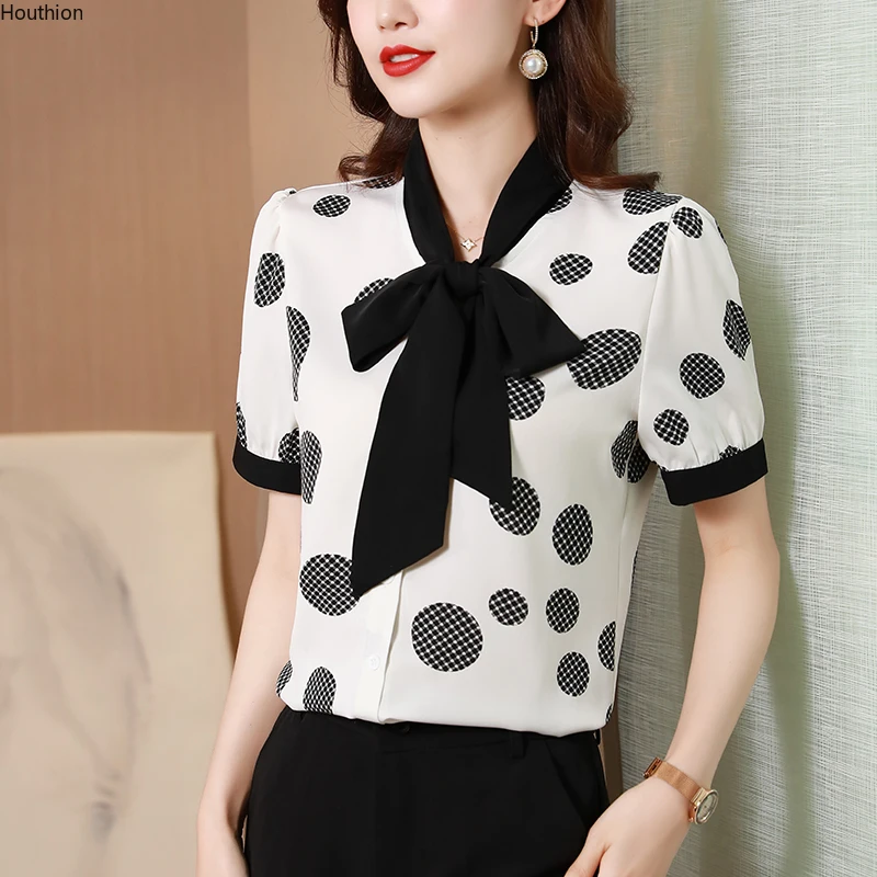 

Houthion Women's Blouses New Casual Blouse Short Sleeve Tops Summer Chiffon SlimPolka Dot Bow Tie Buttons Shirts Fashion