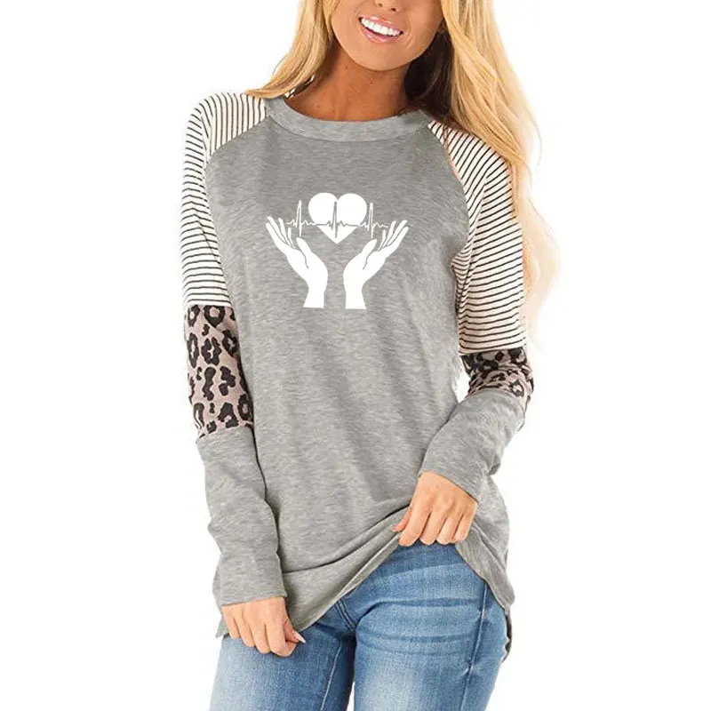 

Autumn Loose O-Neck Good Quality Women Coolest Heart Heartbeat In Hands Open Palms Cardiogram Print Women Long Sleeve T Shirt