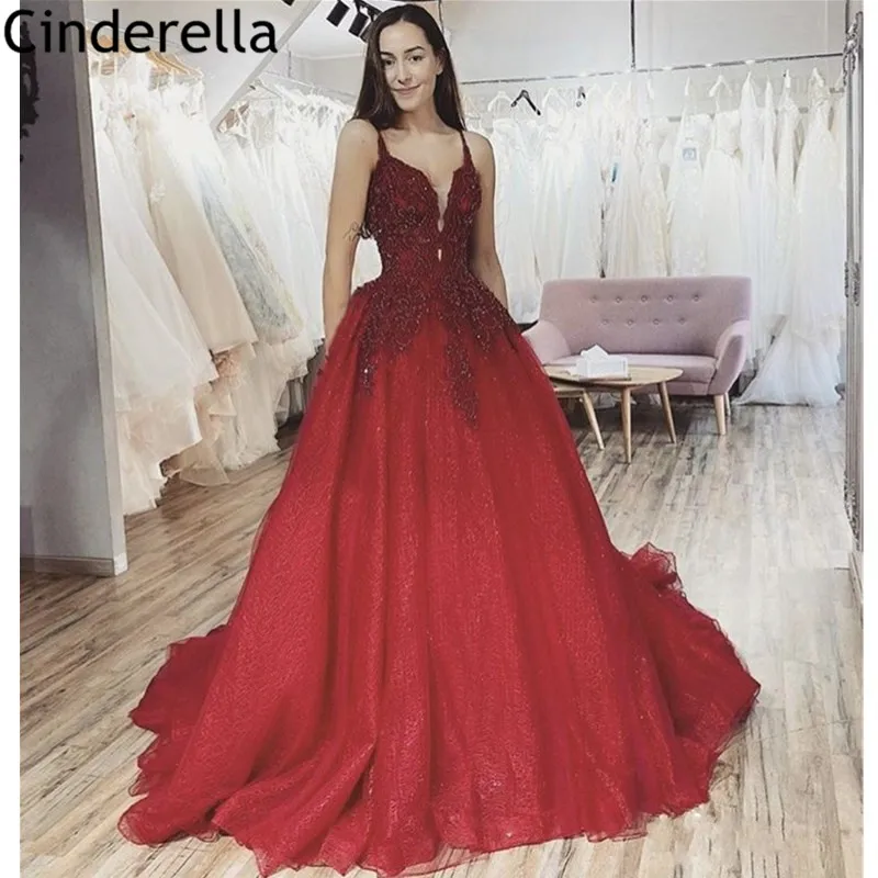 

Red Evening Dresses V-Neck Lace Up Back Floor Length Lace Applique Crystal Evening Dresses barato vestidos de fiesta de noche