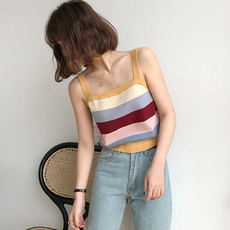 

Causal Tank Top Knitted Striped Cami Tops Summer Beach Wear Sexy Sling Vest Female Fitness Sleeveless Basic Camisole Tees