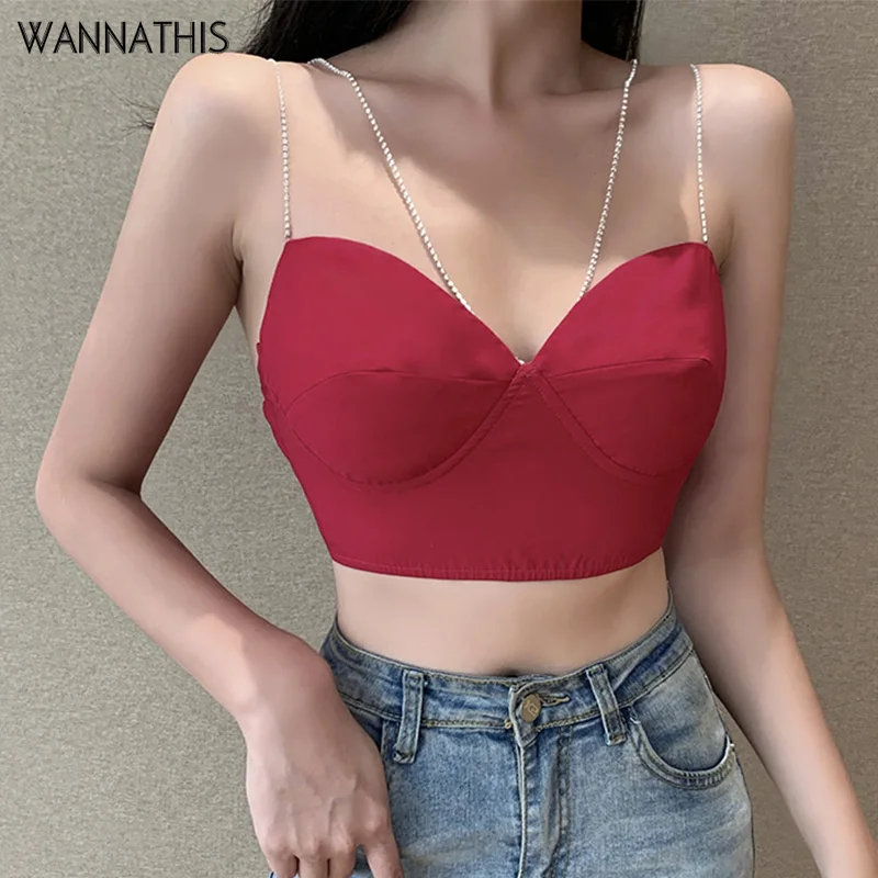Женский укороченный топ WannaThis без рукавов со стразами с цепочкой на бретельках