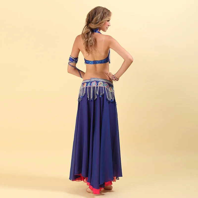 Женский костюм для танца живота синий с кисточками бюстгальтер + пояс юбка