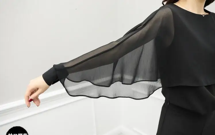 2 Two Piece Blouses And Pants Sets Spring Summer Elastic High Waist Black Chiffon Wide Leg Office Lady Pantsuits Plus Size |