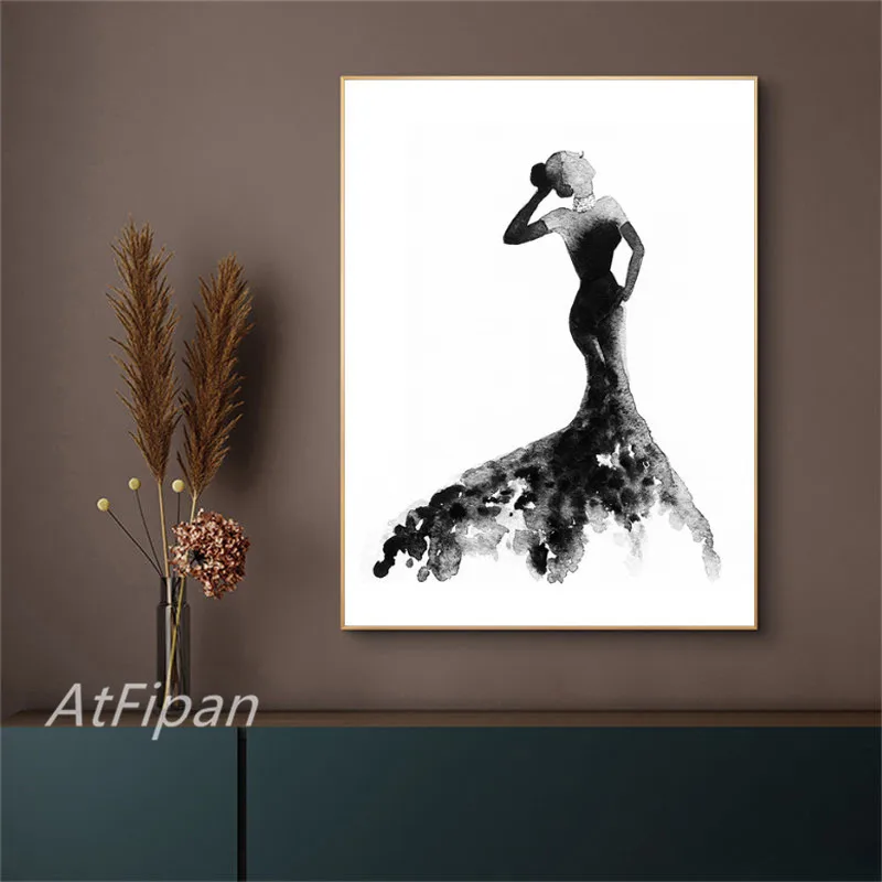 Черно белый модный красивый женский постер элегантная холщовая картина для