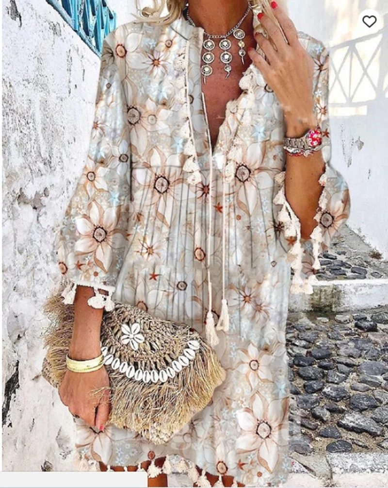 

2021 Spring Vintage V Neck Tassel Party Dress Women Elegant Floral Print 3/4 Sleeve Mini Dress Ladies Summer Casual Beach Dress