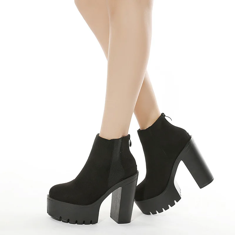 

Women Shoes Black Ankle Boots Flock Platform Shoes For Female Chelsea Botas Fashion Thick Heels Spring High Heels Ladies Boots