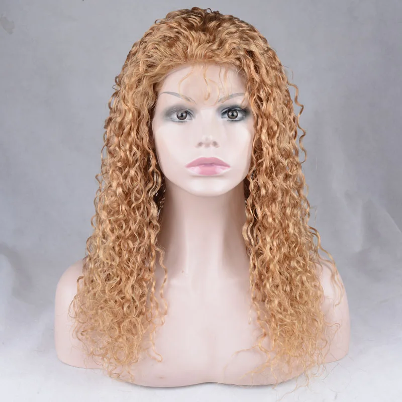 100% Real Remy Human Hair 100% Hand-tied Lace Front Costume Wig Long Wavy golden Lady Wig for women 18 inch