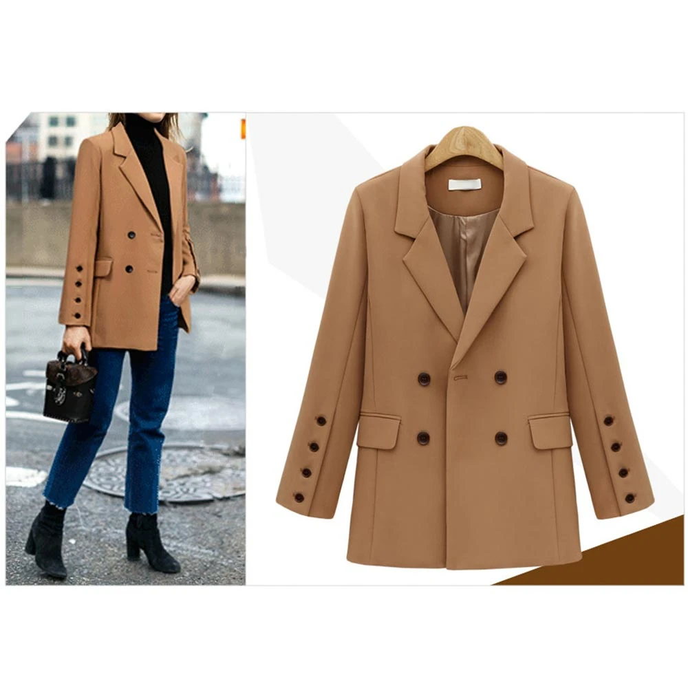 Фото Women Autumn New 2021 England Blazer Button Double Breasted Long Sleeve Office Lady Coat Solid Female Casual Brown Outerwear №2