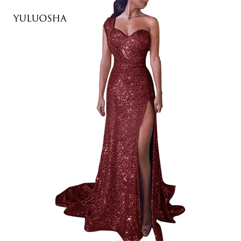 

YULUOSHA Plus Size Tulle Dress Sexy One-shouldered Sleeveless High Low Dress New Long Chiffon Prom Dress Ladies Long Gowns Black