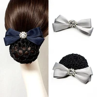 ladies crystal rhinestone solid ribbon hairgrips hair clips cover ponytail holder snood net hotel stewardess girls accessories