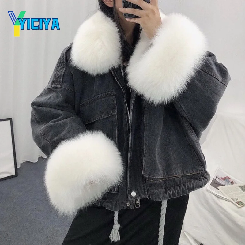 

YICIYA Denim jacket 2021 detachable loose large wool collar denim ,Loose Single Breasted Plus Velvet Thickened Parkas Women,met