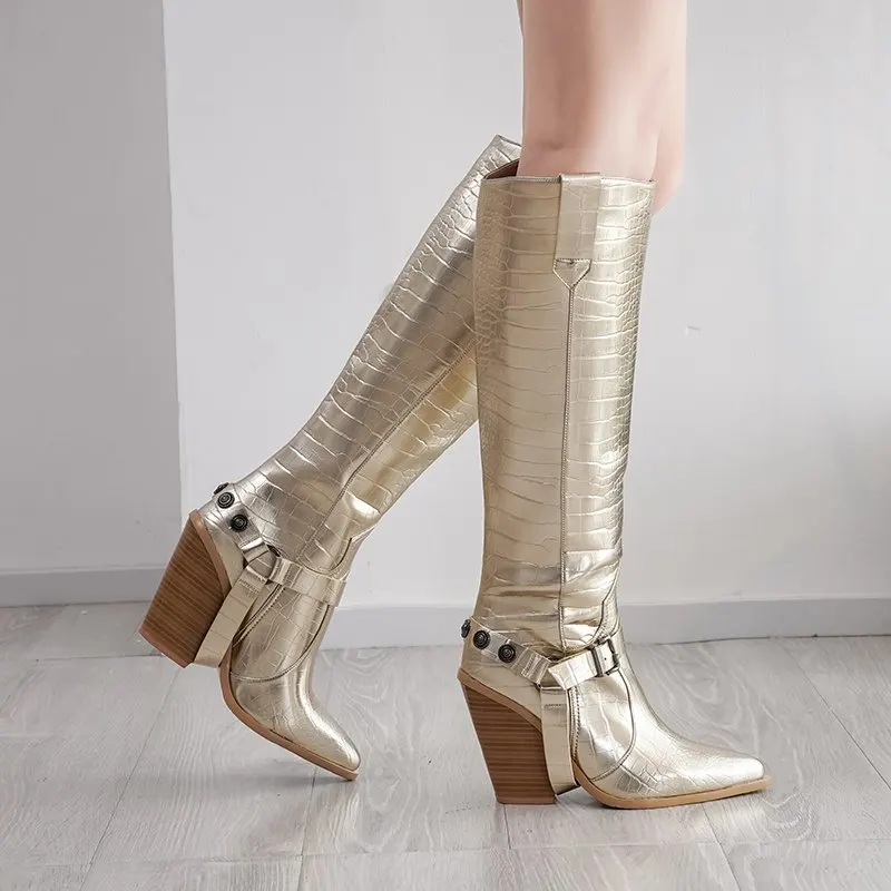 Женские сапоги с острым носком MORAZORA черные до колена на высоком каблуке пряжкой