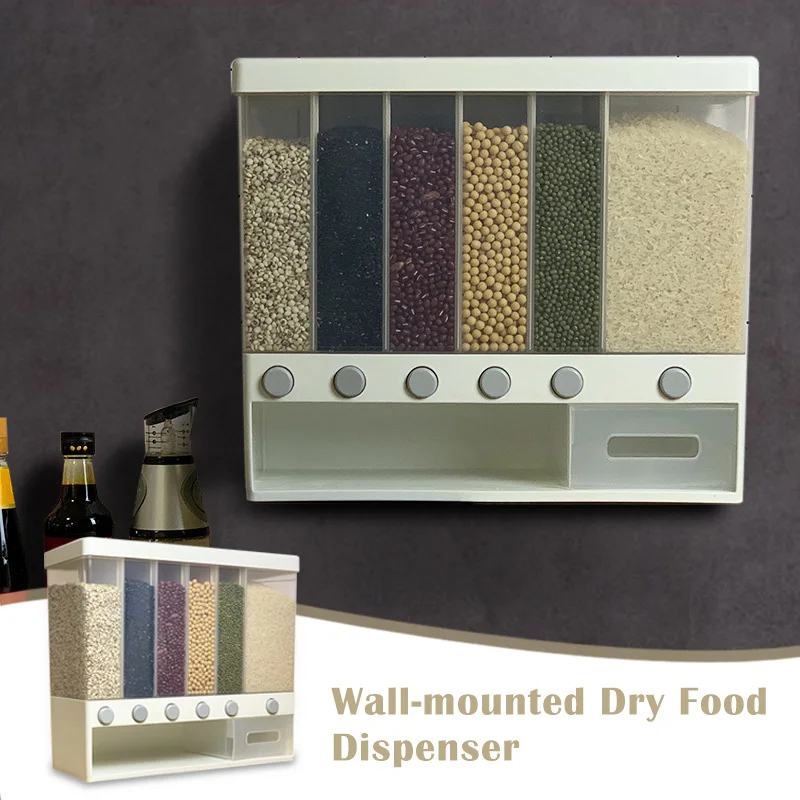

Wall-mounted Dry Food Dispenser Rice Bucket Multi Compartments Automatic Metering Storage Box Sealed Grain Container DTT