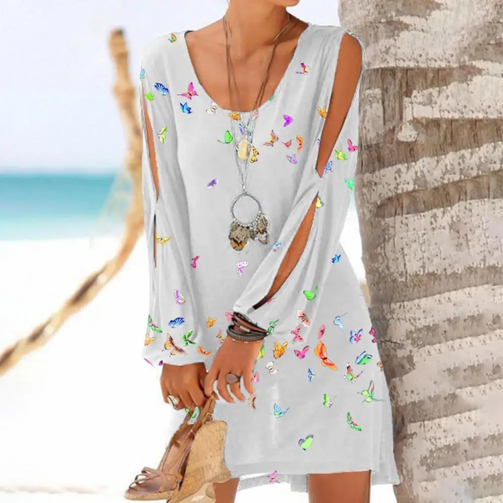 

Summer Dress 2021 Women Butterfly Print Sexy Hollow Out Long Sleeve Loose Mini Dress for Women V Neck Thin Beach Dress Vestidos