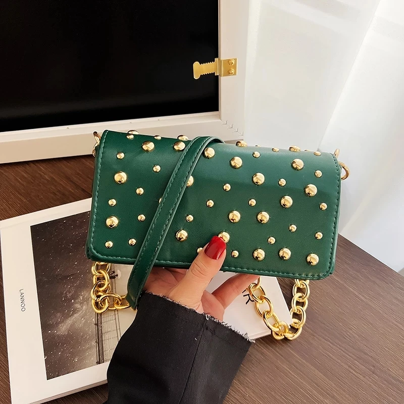 

Luxury Design Rivet Baguette Shape Bag Armpit Shoulder Bag For Women Acrylic Thick Chain Crossbody Bag Handbag Lady Clutchs