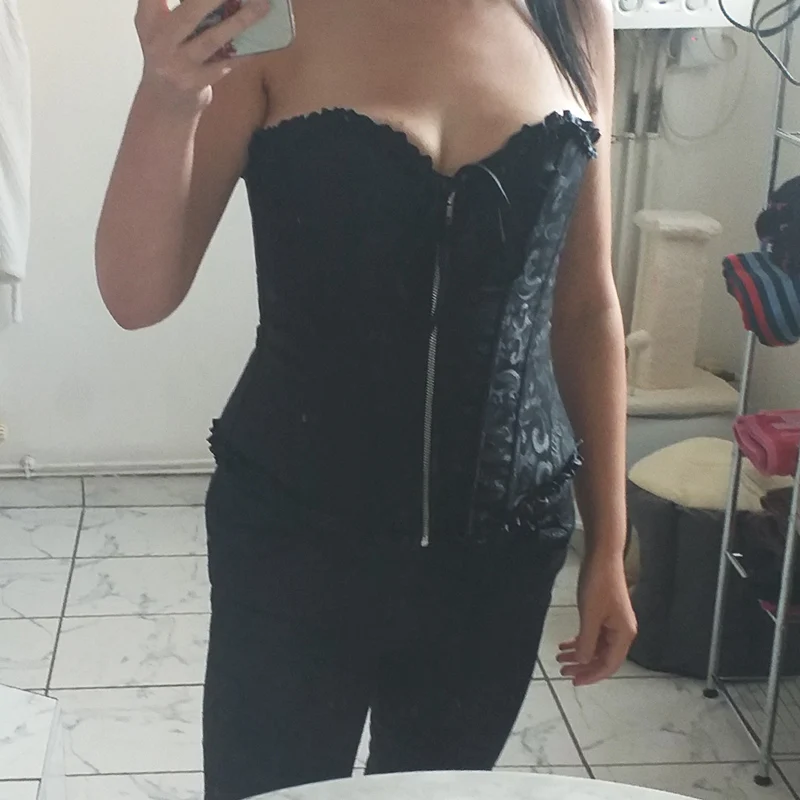 Women Halloween Zipper Bustier Top Corset Sexy Boned Waist Trainer Corset Overbust Brocade Plus Size Waspie Black