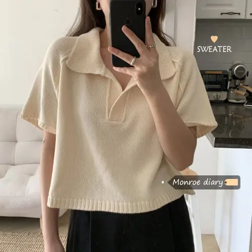 

Простая вязаная футболка однотонная короткая Студенческая футболка с коротким рукавом и воротником-поло в Корейском стиле женская одежда ...