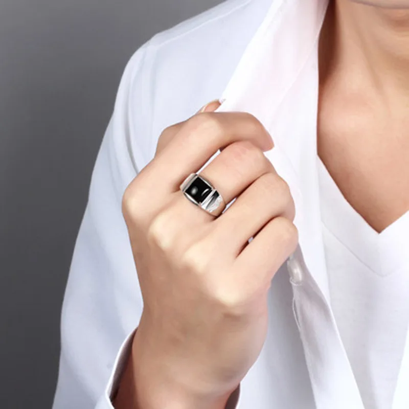 Silver-Plated Ring For Men With Black Square Flat Gel Stone Noble Resizable Кольцо anillos para hombre | Украшения и