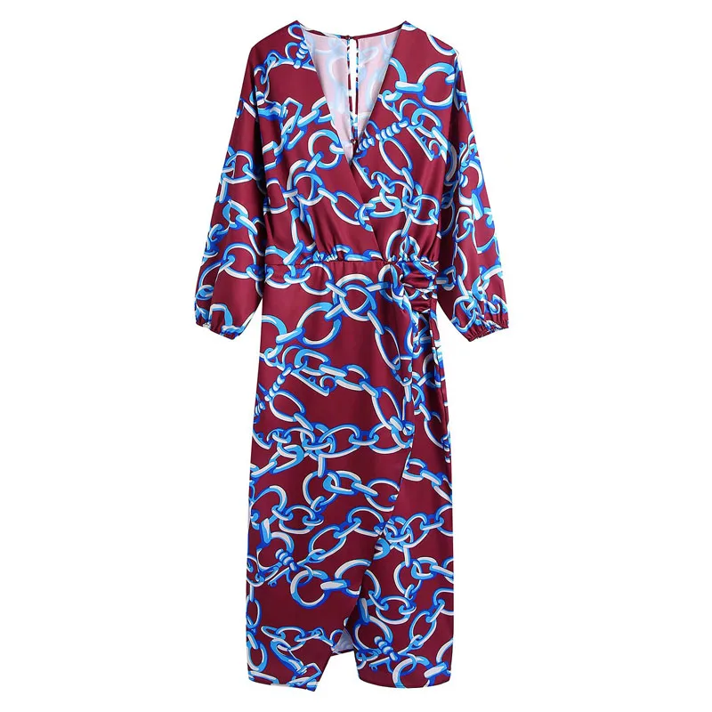 

Women Autumn Casual MIDI Dress 2021 V-Neck Long Sleeve Floral Print Wrap Split fork Female Elegant Street Dresses Vestidos