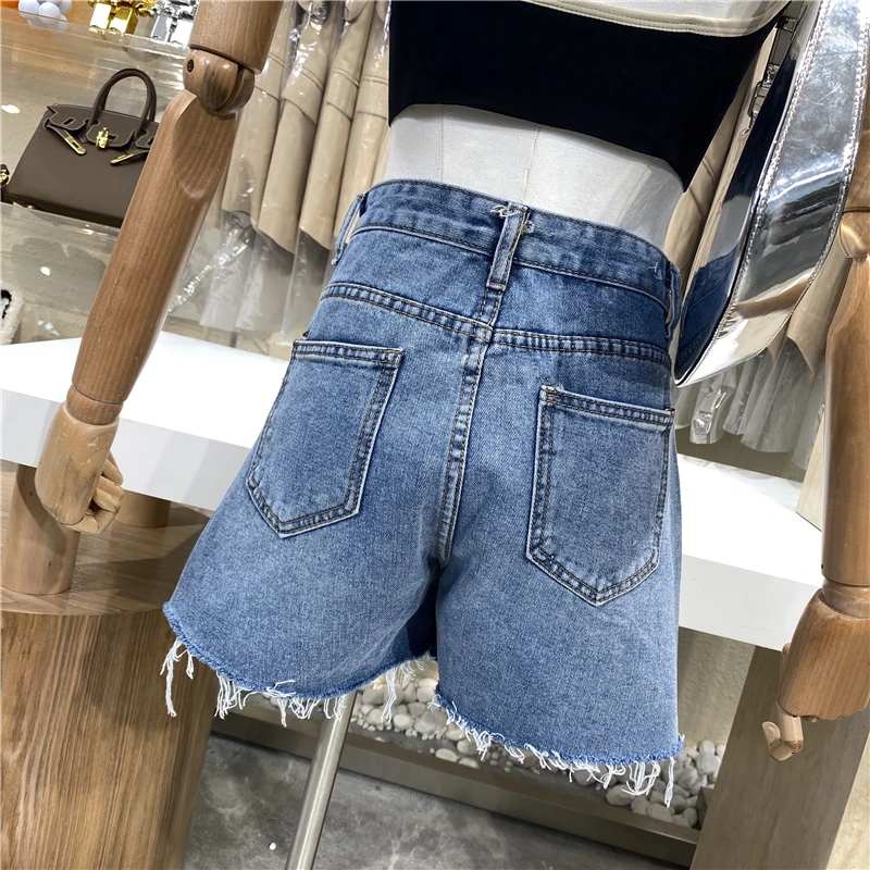 

Niche Design 2021 Light Color Vintage High Waist Washed Denim Burrs Wide-legged Hot Pants