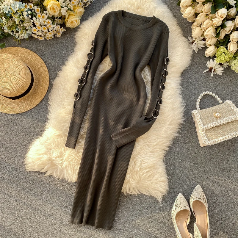 HISUMA весна-осень новинка женское вязаное платье-футляр с круглым вырезом и