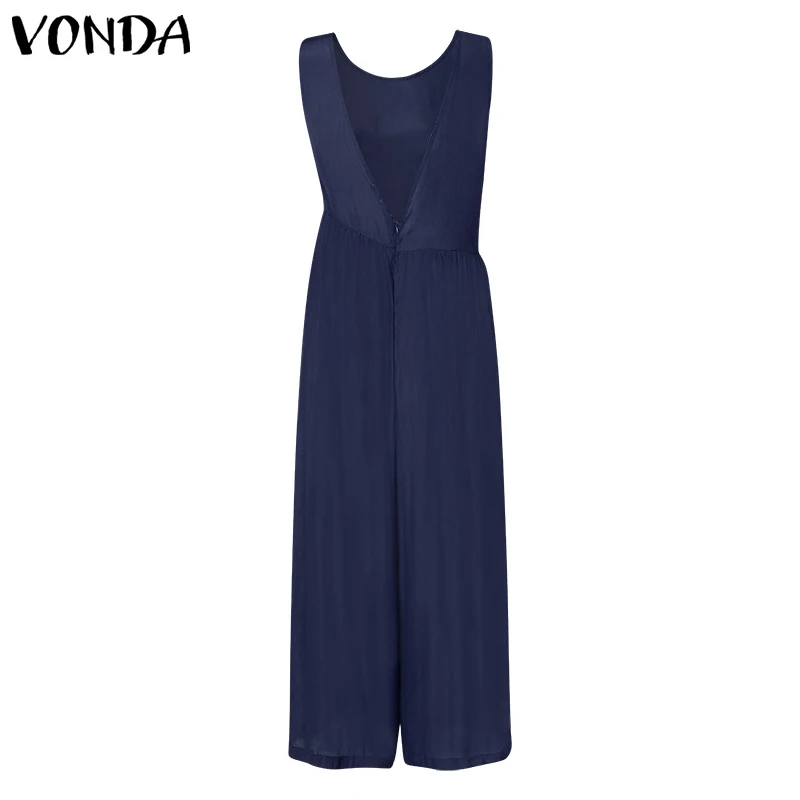 Женские комбинезоны VONDA, летние сексуальные однотонные Свободные Комбинезоны без рукавов, повседневные широкие длинные штаны, брюки