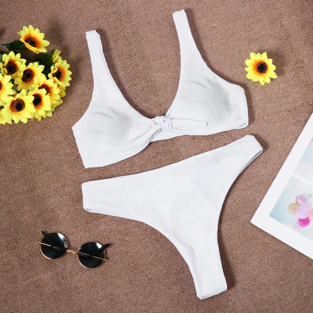 Женский комплект бикини с бантиком и глубоким v-образным вырезом из 2 предметов