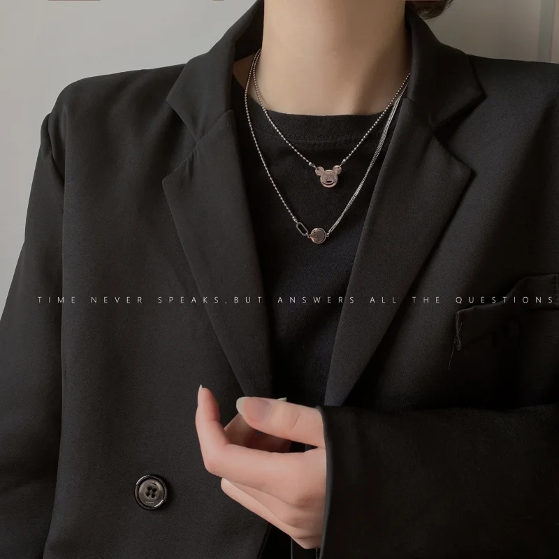 

Simple titanium steel necklace female Korean cute cartoon college style letters animal double layer pendant collarbone chain