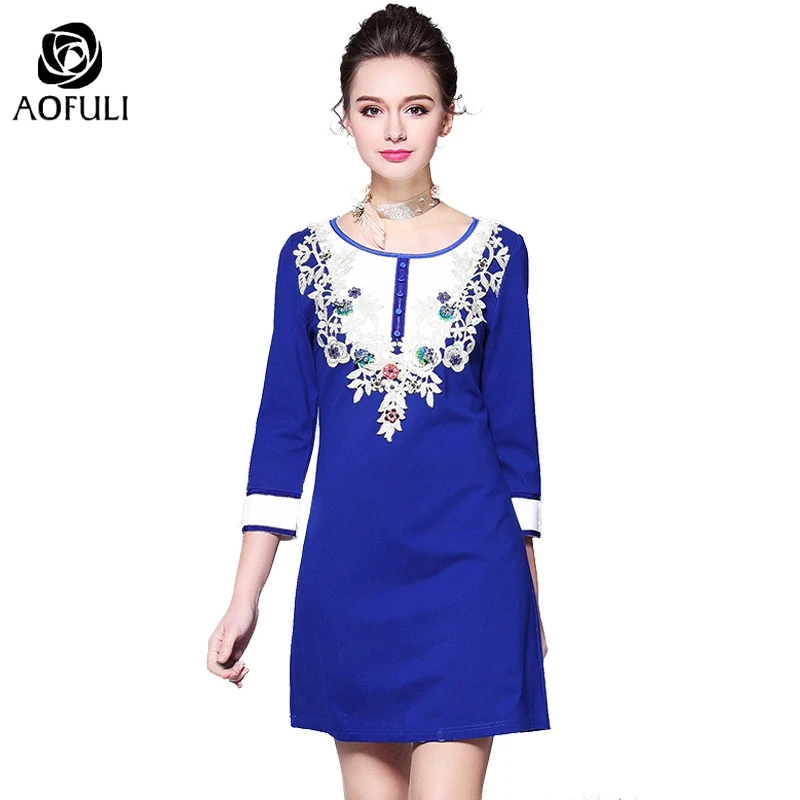 M~ 4XL Women Embroidery Dress With 3D Flowers Applique 3/4 Sleeves Short Retro Slim Casual Plus Size AOFULI B2751 | Женская одежда