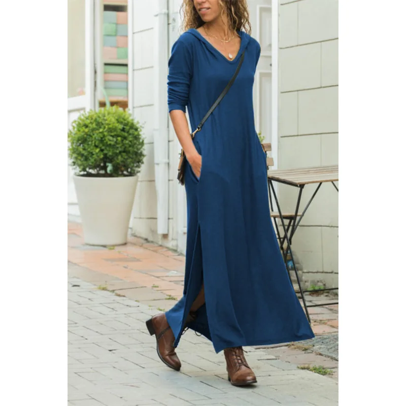 Denim Blue Новинка; модные длинные платья с капюшоном; Повседневное Платье макси с длинными рукавами и карманами; осенняя одежда для отдыха; платья с разрезом; женские халаты; SJ1134U - Цвет: Denim Blue