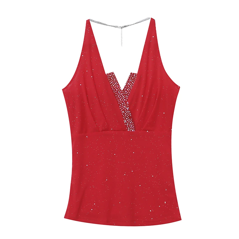 

2020 summer new ropa mujer slim sexy V-neck hot drill mesh T-shirt women gown shirt fashion sling top women tank tops