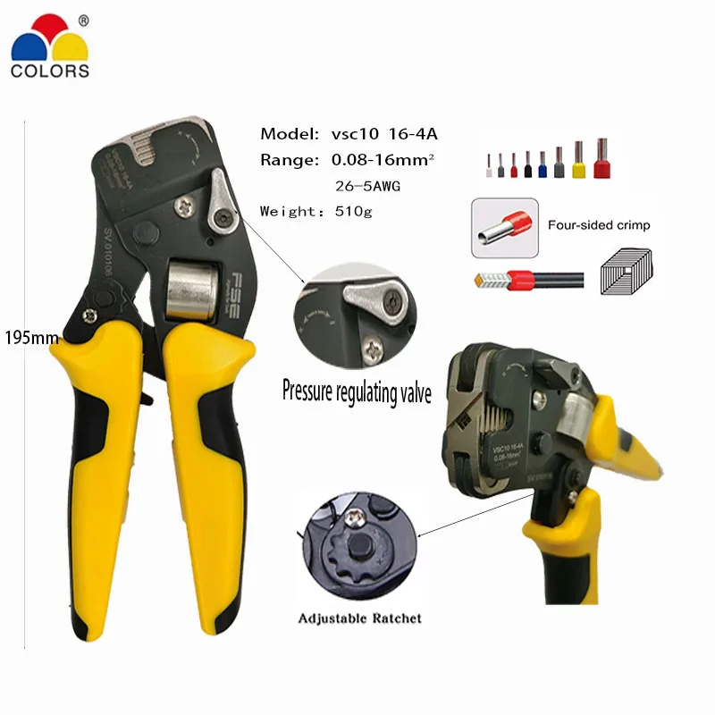 Crimping Pliers VSC10-16-4A 0.08-16mm ² 23-5AWG Adjustable Miniature Precision Pipe Shoe Terminal Manual Crimping Tool