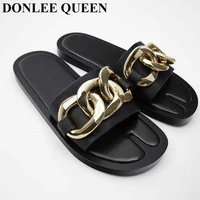 new spring slippers women fashion metal chain decorated flat sandals casual shoes outdoor slides big size 35 42 zapatillas mujer