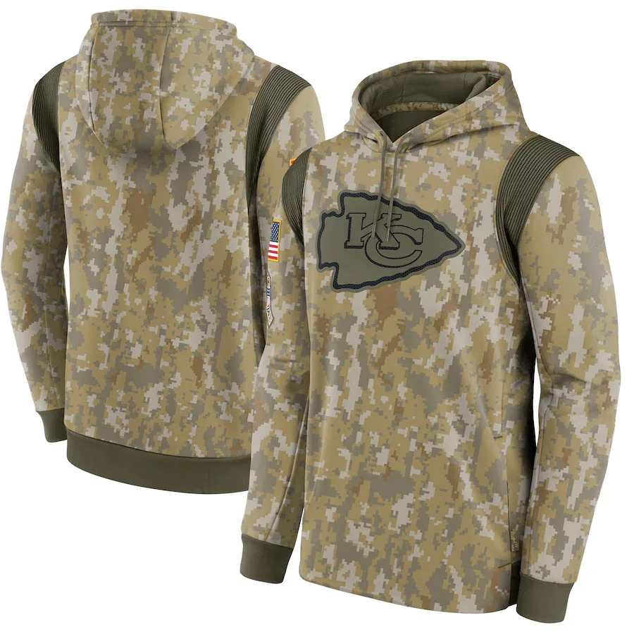 

New camouflage Kansas City Men's Chiefs 2021 Salute To Service Sideline Therma Performance Pullover Oversized Hoodie Olive Camo