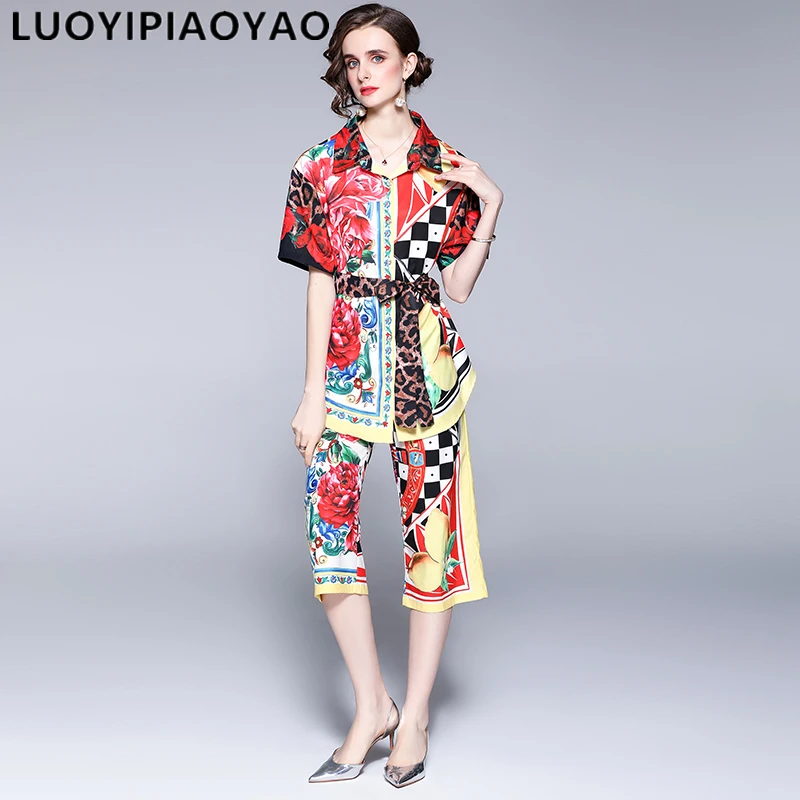 

Женская одежда 2021, модный подиумный костюм, летний топ с коротким рукавом и винтажным принтом и брюки, комплект из 2 предметов, повседневная ...