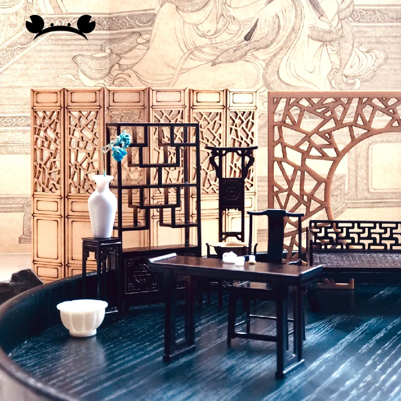 

1:25 Chinese Style Furniture Miniature Dollhouse Accessories Plastic Model Bed Table Chair Cabinet Architecture Accessories