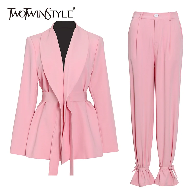 TWOTWINSTYLE สีชมพูสบายๆกางเกงชุดหญิงแขนยาวสไตล์เกาหลี Slim Blazer สูงเอวกว้างขากางเกงผู้หญิงชุด2022