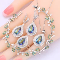 rainbow water drop 925 silver jewelry sets for women bridal bracelet earrings rings necklace pendant