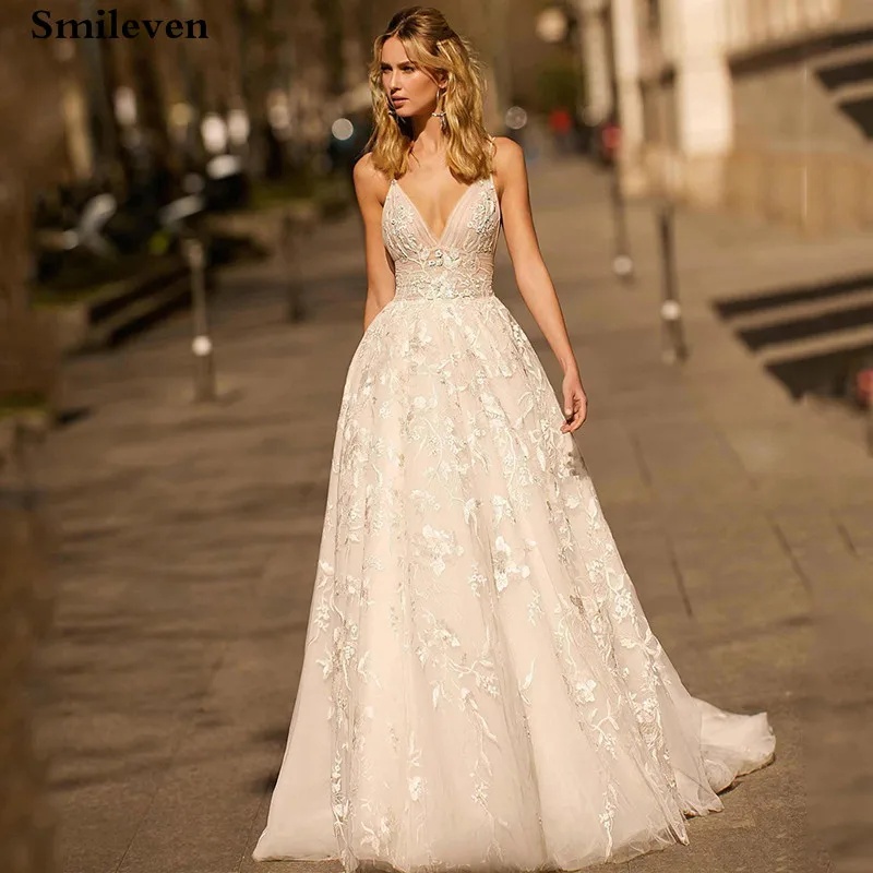 Smileven сексуальное богемное свадебное платье на тонких бретельках с аппликацией и
