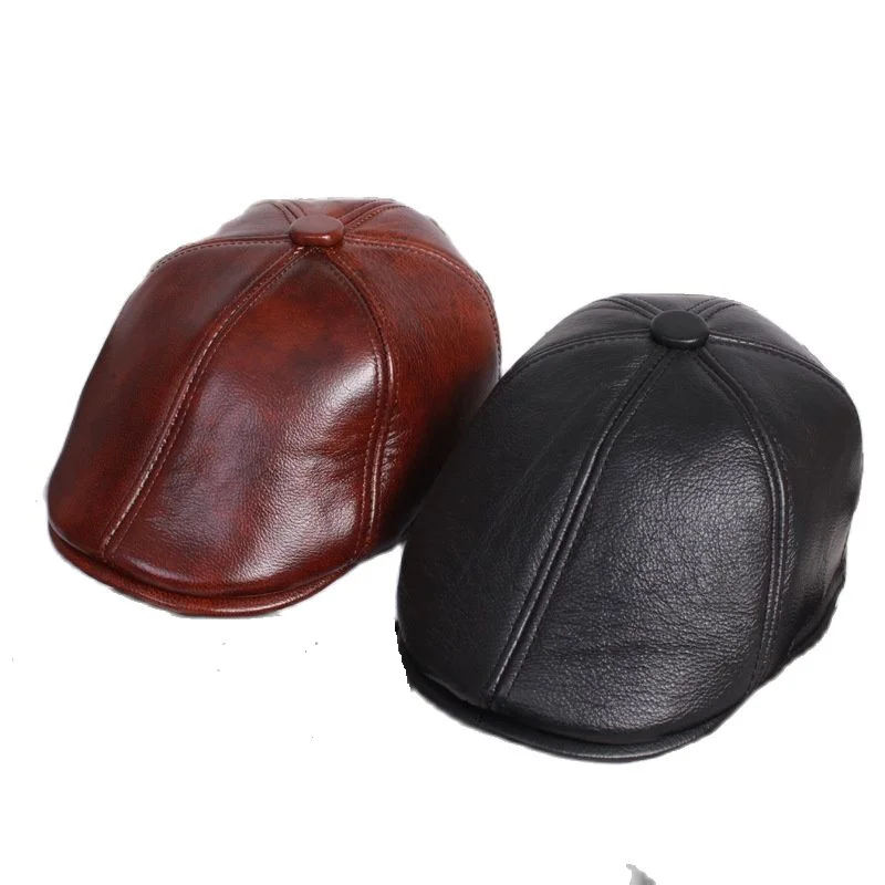 New Fashion Autumn leather berets Men thin ladies' hats Cowhide Leather Hat idle duck hats winter hats Leather Visors