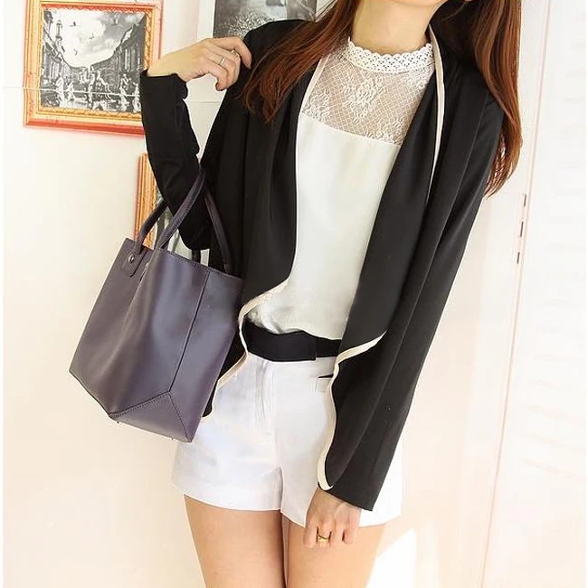 

Elegant Women Open Front Coat Office Lady Business Autumn Outwear Long Sleeve Casual Color Block Short Slim Spring Jacket