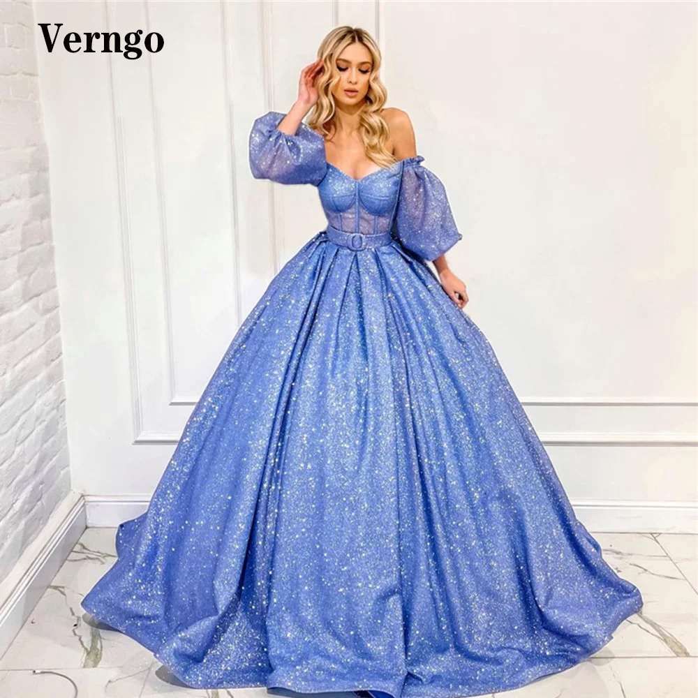 

Verngo Sparkly Blue Princess Prom Dresses Puff Long Sleeves Sweetheart Bones Glitter Evening Gowns Masquerade Ball Party Dress