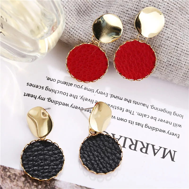 IF ME Vintage Leather Big Dangle Earrings For Women Red Black Geometric Round Earring Party 2019 Sexy Female Jewelry Gift |