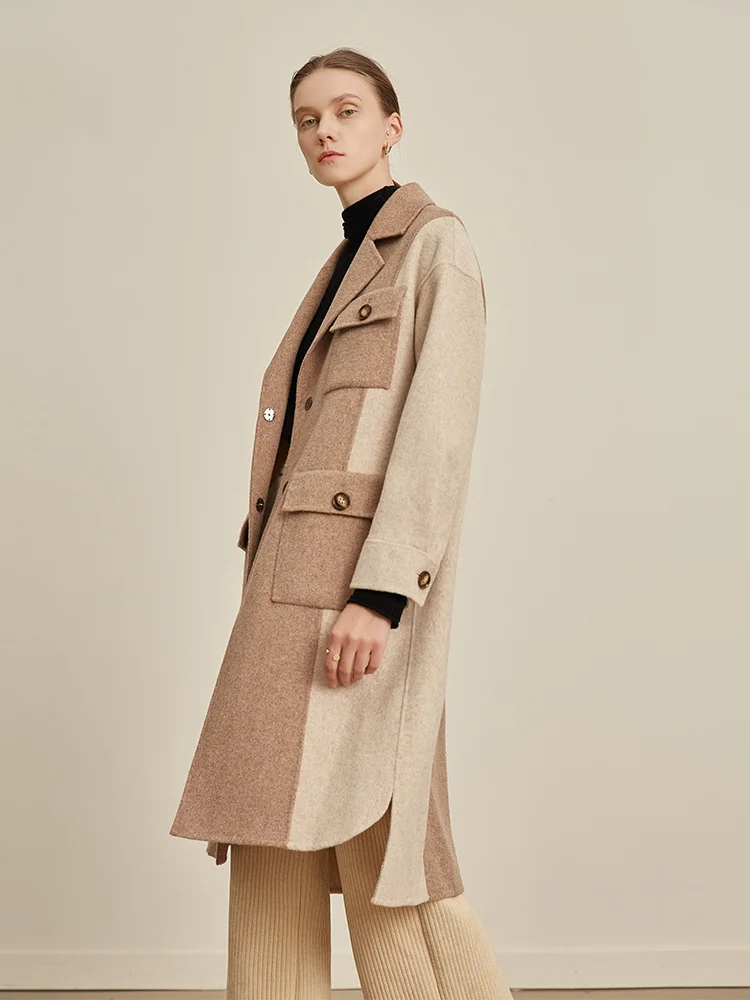 

Женское двухстороннее твидовое пальто средней длины, пальто из 100 чистой шерсти с несколькими карманами, Осень-зима 2021